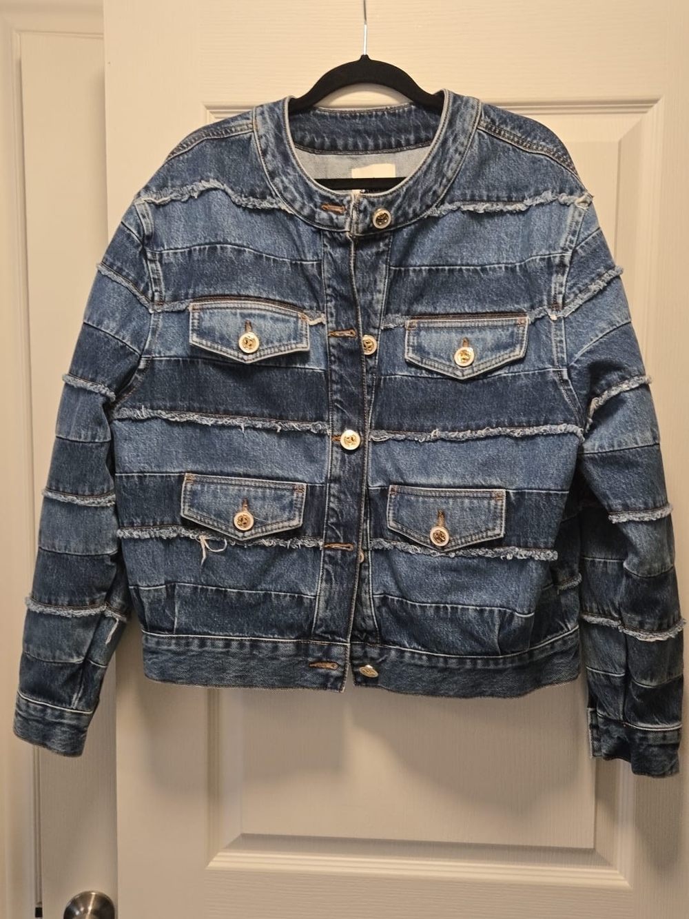 Sandro Two-Tone Blue Denim Jacket with Contrast Stitching
